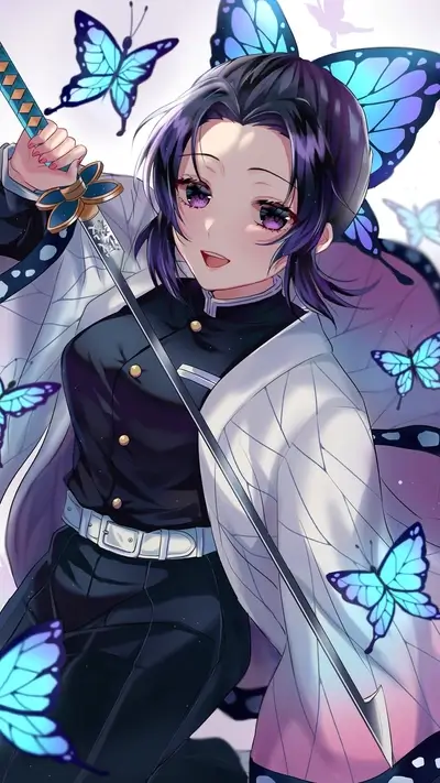 A girl with butterfly wings holds a sword