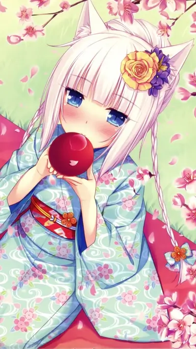 A girl with cat ears in a kimono, holding a red ball