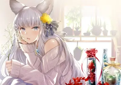 A girl with cat ears in a sweater, holding flowers