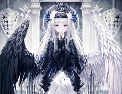 A girl with contrasting wings, a crown, and clasped hands