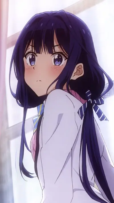 A girl with dark blue hair and a light purple jacket