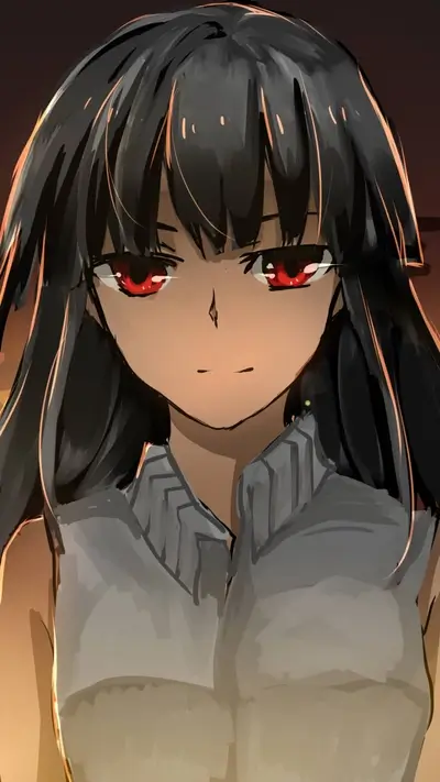 A girl with dark hair and red eyes