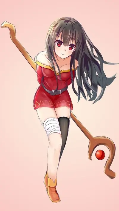 A girl with dark hair in a red dress holds a staff
