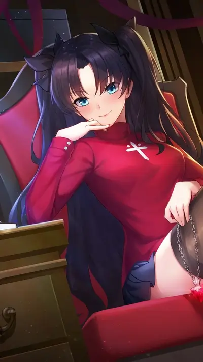 A girl with dark hair sits on a red chair