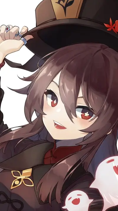 A girl with dark hair, wearing a hat, and two small ghosts