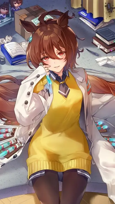 A girl with deer ears in a lab coat holds a test tube