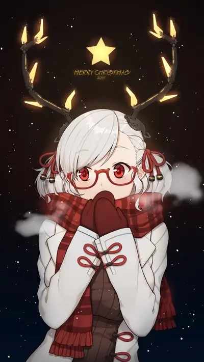 A girl with glowing deer antlers on a snowy night