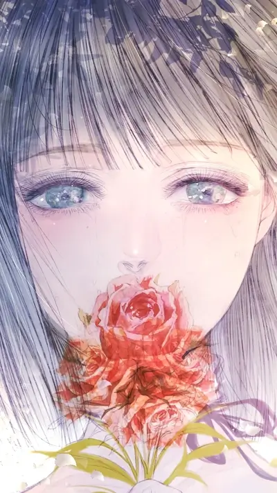 A girl with gray hair cries, holding a bouquet of red roses