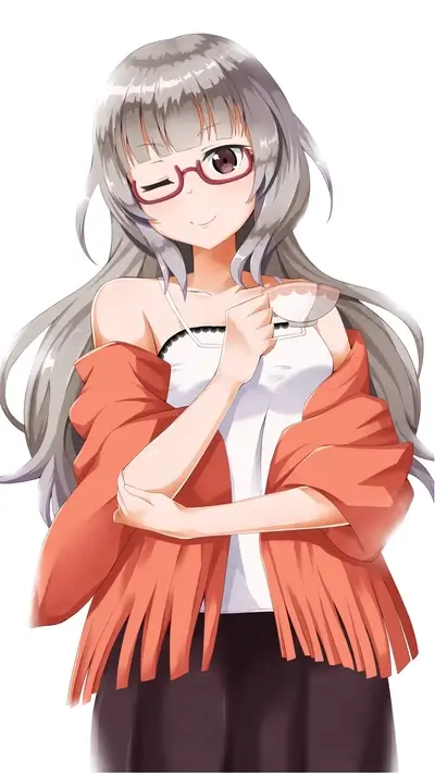 A girl with gray hair winks while holding a teacup