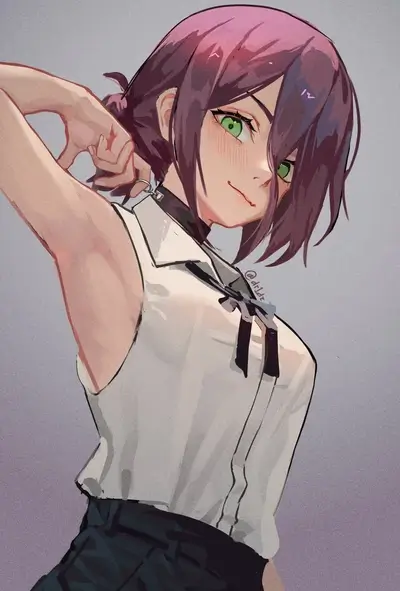 A girl with green eyes adjusts her collar