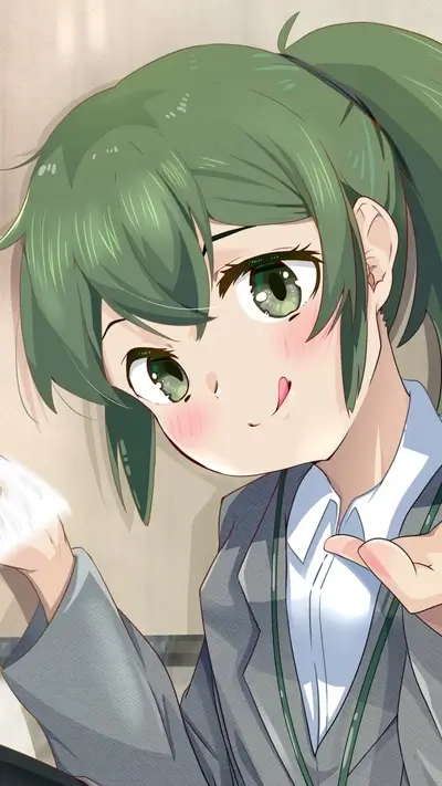 A girl with green hair in a grey suit