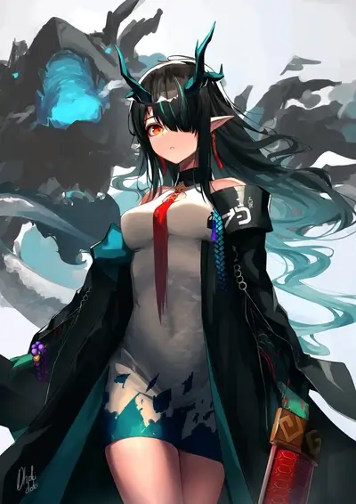 A girl with horns and long hair, wearing a stylish dress