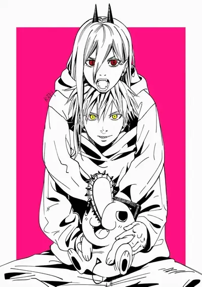 A girl with horns hugs a boy holding a plush toy