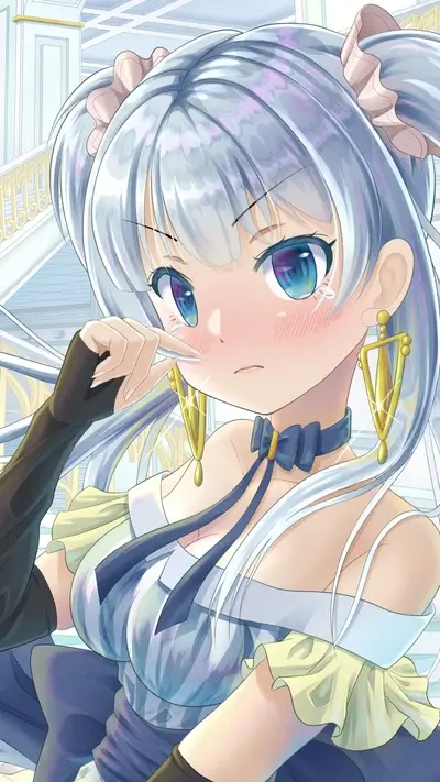 A girl with light blue hair is upset, wiping a tear