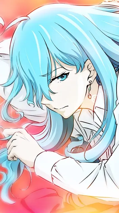 A girl with light blue hair rests her head