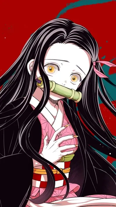 A girl with long black hair, wearing a pink kimono and a bamboo mouthguard