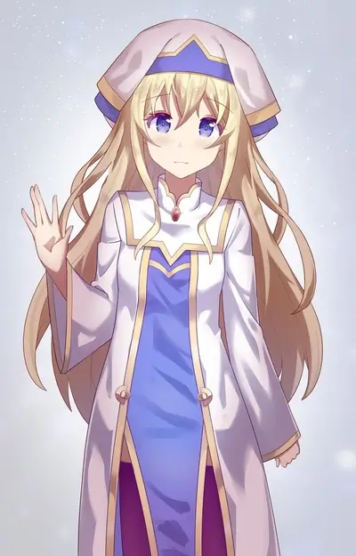 A girl with long blonde hair waves