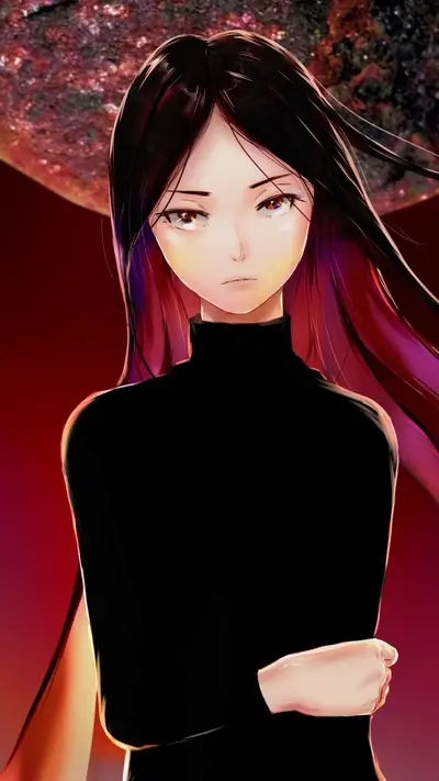 A girl with long dark hair stands before a massive red moon