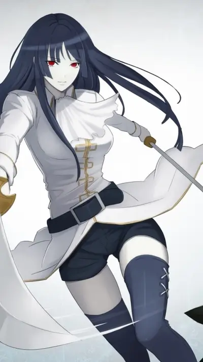 A girl with long dark hair wields two swords