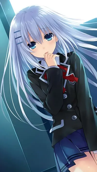 A girl with long light blue hair, wearing a dark uniform