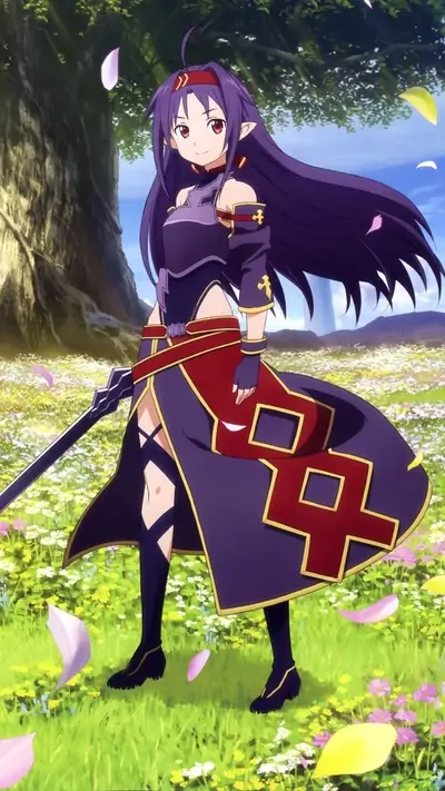 A girl with long purple hair in a field of flowers