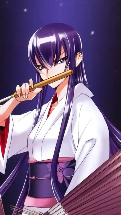 A girl with long purple hair plays a flute