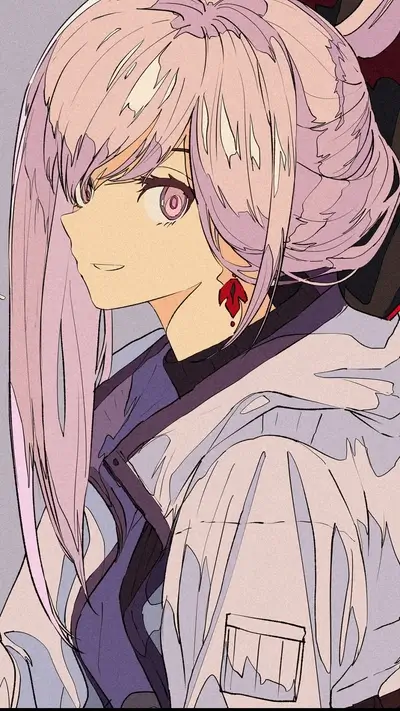 A girl with long purple hair wearing a white jacket