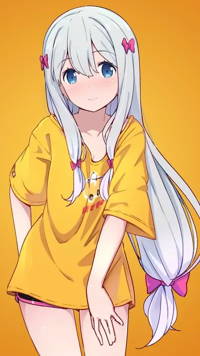 A girl with long silver hair wearing a yellow shirt
