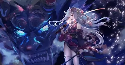 A girl with long white hair holds a katana, a dark blue oni behind her