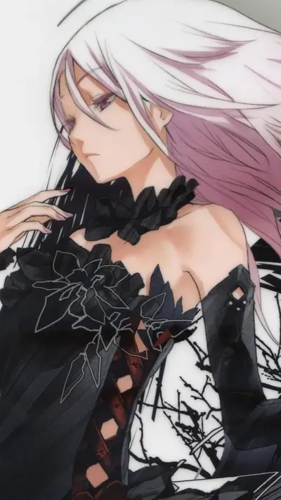 A girl with long white hair in a dark dress