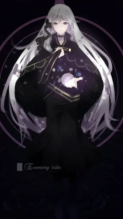 A girl with long white hair in a dark dress, holding a glowing orb