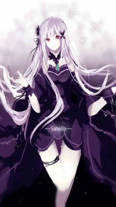 A girl with long white hair in a dark dress