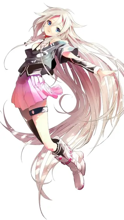 A girl with long white hair in a pink and black outfit