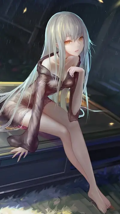 A girl with long white hair sits on a dark surface