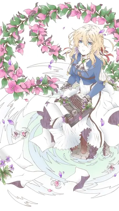 A girl with mechanical arms sits by a typewriter, surrounded by flowers