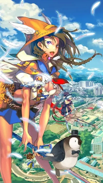 A girl with orange hat flying on a broomstick