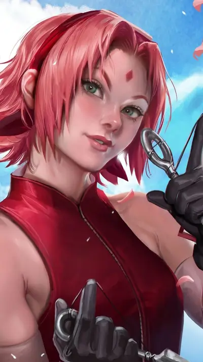 A girl with pink hair and a red top, holding a bow and arrow