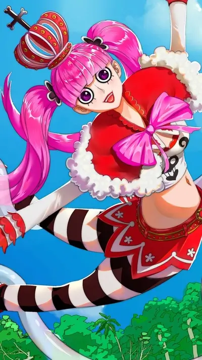 A girl with pink hair wearing a red and white dress