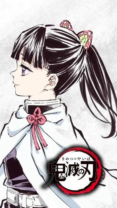 A girl with purple eyes and black hair in a ponytail