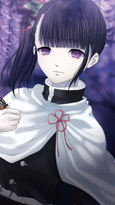 A girl with purple hair and a butterfly