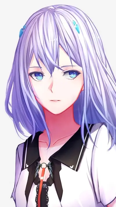 A girl with purple hair and blue eyes