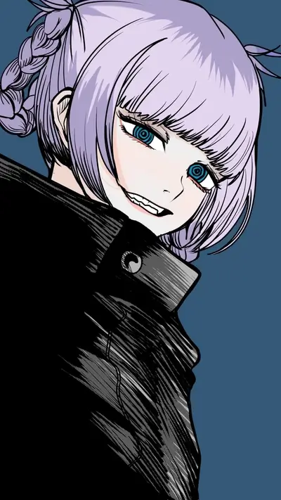 A girl with purple hair and blue eyes wearing a black jacket