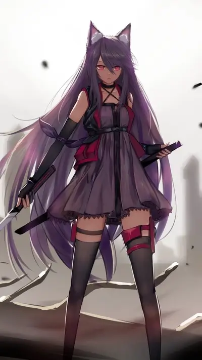 A girl with purple hair and cat ears holds two swords