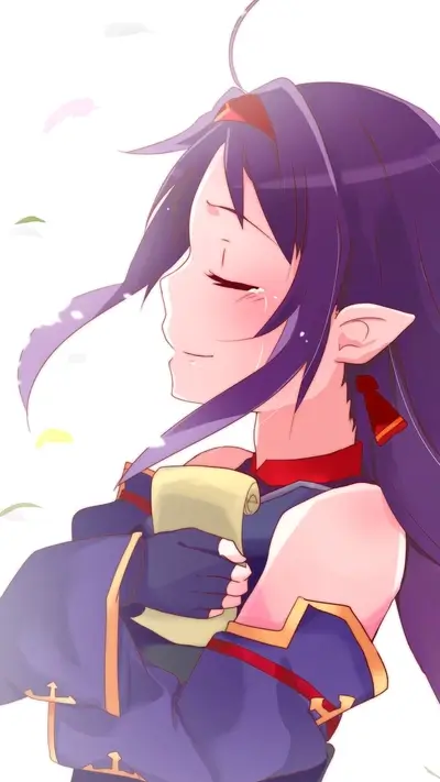 A girl with purple hair crying happily