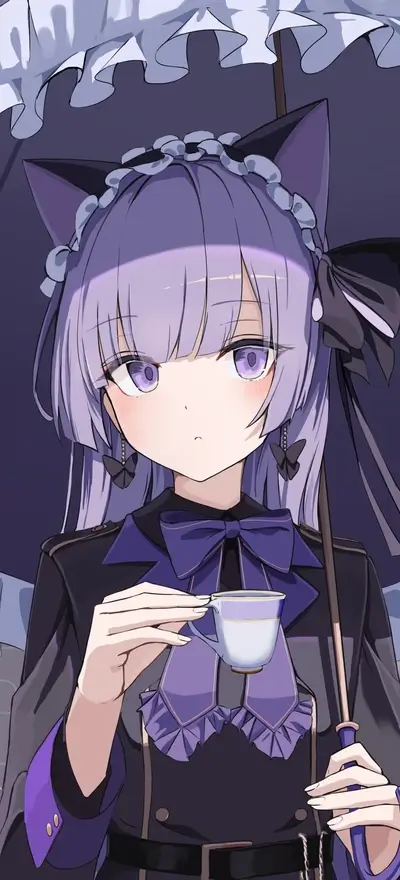 A girl with purple hair drinks tea under a parasol