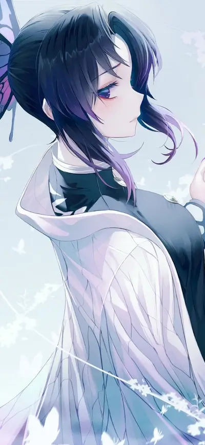 A girl with purple hair in a white kimono, butterfly hair accessory