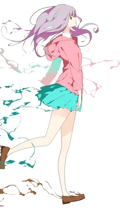 A girl with purple hair walking