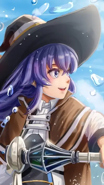 A girl with purple hair wearing a large hat