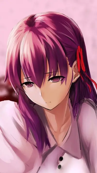 A girl with purple hair, wearing a light pink shirt