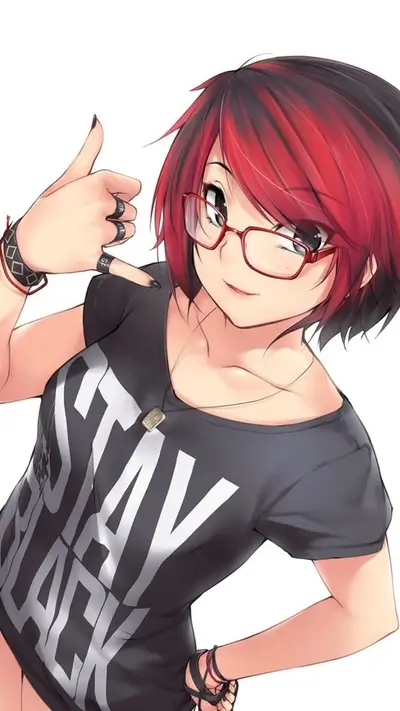 A girl with red hair and glasses making a phone call gesture
